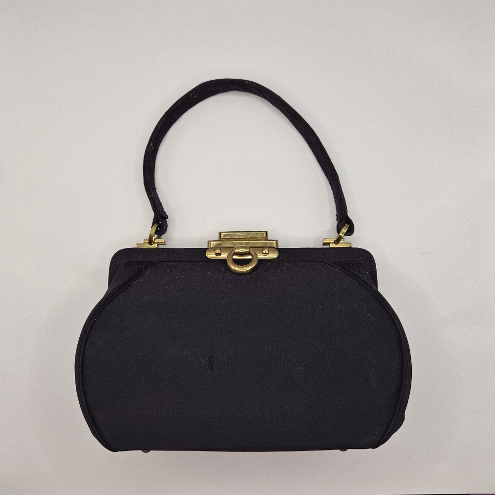 Vintage MM Peau De Faille Black Satin Clutch Purse Grandma Handbag